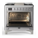 ILVE UM36FNR3SSC Majestic III 36 inch Dual Fuel Range with 6 Black Brass Burners and Griddle, Dual Function Burner up to 25,000 BTU (Triple Glass Door, Stainless Steel, Chrome, Natural Gas)