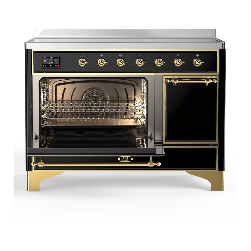 ILVE UMIB48QNR3BKG Majestic III 48 inch Induction Range with 6 Elements, 5.02 cu. ft. Total Oven Capacity (Solid Door, Glossy Black, Brass)