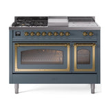 ILVE UN48FSNMPBGGLP Nostalgie II Noblesse 48 inch Dual Fuel Range (5 Sealed Burners + Griddle + French Top, Liquid Propane, Triple Glass Door, Blue Grey, Brass)