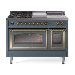 ILVE UN48FSNMPBGGLP Nostalgie II Noblesse 48 inch Dual Fuel Range (5 Sealed Burners + Griddle + French Top, Liquid Propane, Triple Glass Door, Blue Grey, Brass)
