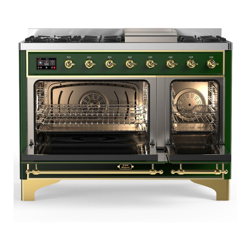 ILVE UM48FQNR3EGGLP Majestic III 48 inch Dual Fuel Range with 8 Burners and Griddle, Dual Function Burner up to 25,000 BTU (Liquid Propane, Solid Door, Emerald Green, Brass)