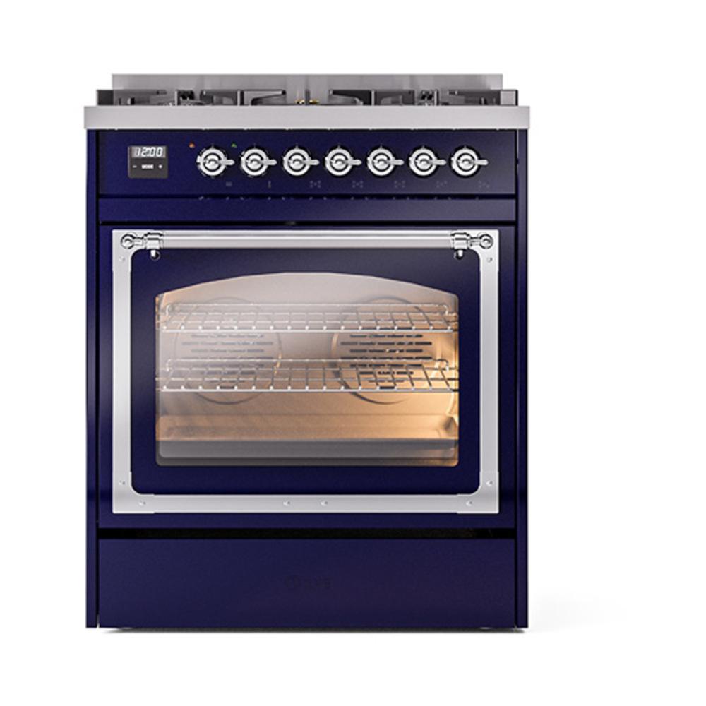 ILVE UN30NMPMBC Nostalgie II Noblesse 30 inch Dual Fuel Range (Natural Gas, Triple Glass Door, Midnight Blue, Chrome)