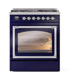 ILVE UN30NMPMBC Nostalgie II Noblesse 30 inch Dual Fuel Range (Natural Gas, Triple Glass Door, Midnight Blue, Chrome)