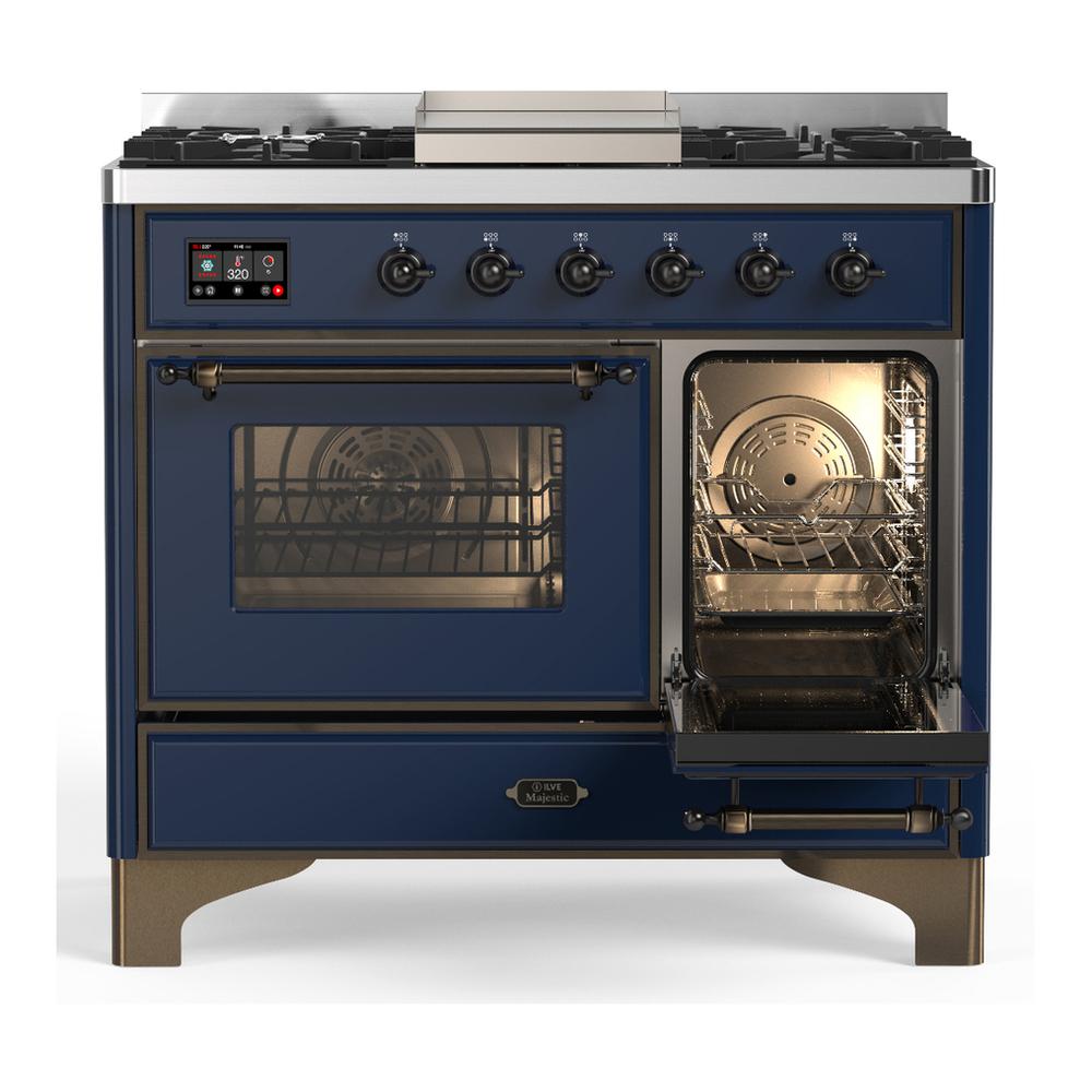 ILVE UMD40FNR3MBBLP Majestic III 40 inch Dual Fuel Range with 6 Burners and Griddle, Dual Function Burner up to 25,000 BTU (Liquid Propane, Triple Glass Door, Midnight Blue, Burnished)