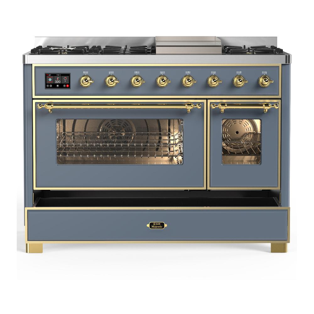 ILVE UM48FNR3BGGLP Majestic III 48 inch Dual Fuel Range with 8 Burners and Griddle, Dual Function Burner up to 25,000 BTU (Liquid Propane, Triple Glass Door, Blue Grey, Brass)