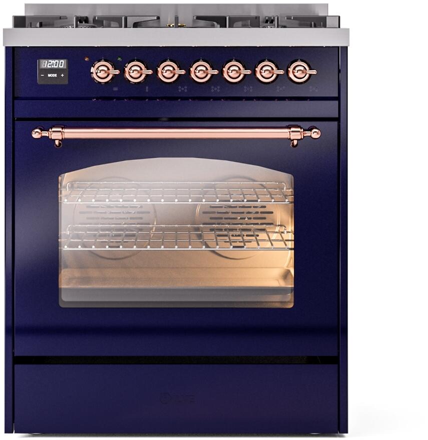 Nostalgie II 30 Inch Dual Fuel Natural Gas Freestanding Range in Blue with Copper Trim