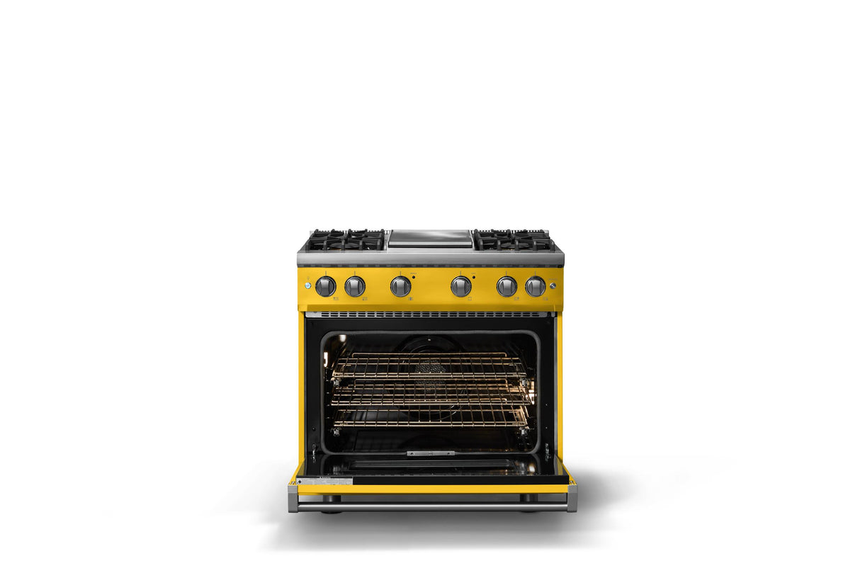 36"W. Sealed Burner Gas Range (Burner: 4g, Finish: Daffodil, Trim: Polished Chrome, Fuel: Natural Gas)