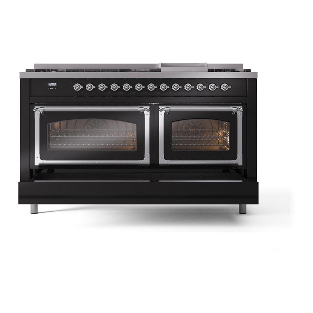 ILVE UN60FNMPBKC Nostalgie II Noblesse 60 inch Dual Fuel Range (9 Sealed Burners + Griddle, Natural Gas, Triple Glass Door, Glossy Black, Chrome)