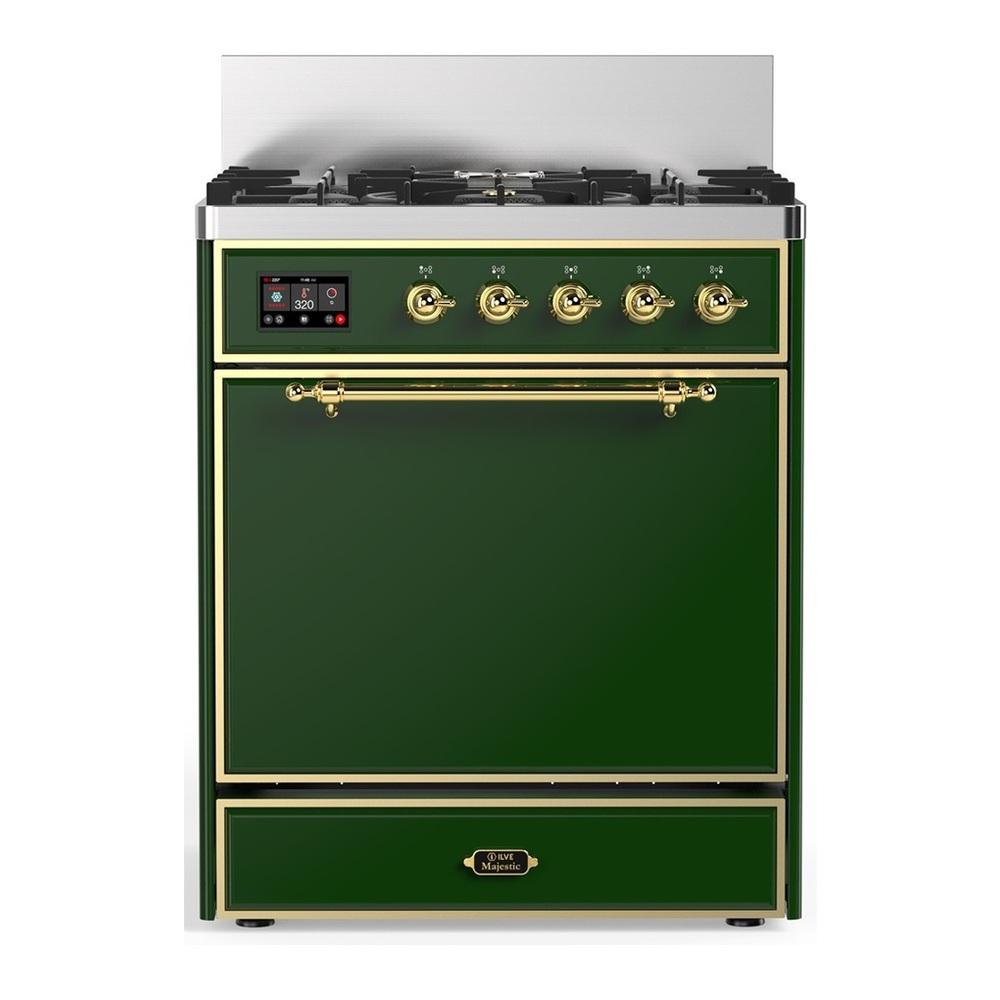 ILVE UM30QNR3EGG Majestic III 30 inch Dual Fuel Range with 5 Black Brass Burners, Dual Function Burner up to 25,000 BTU (Natural Gas, Solid Door, Emerald Green, Brass)