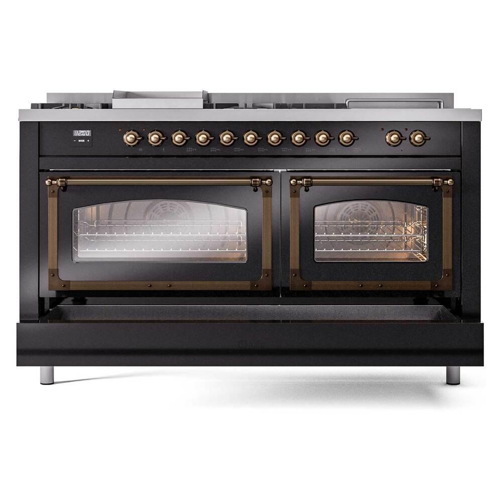ILVE UN60FSNMPBKBLP Nostalgie II Noblesse 60 inch Dual Fuel Range (7 Sealed Burners + Griddle + French Top, Liquid Propane, Triple Glass Door, Glossy Black, Burnished)