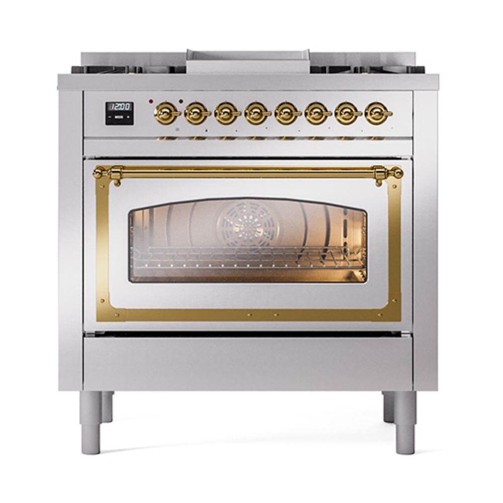 ILVE UN36FNMPSSGLP Nostalgie II Noblesse 36 inch Dual Fuel Range (Liquid Propane, Triple Glass Door, Stainless Steel, Brass)