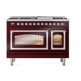 ILVE UN48FNMPBUC Nostalgie II Noblesse 48 inch Dual Fuel Range (8 Sealed Burners + Griddle, Natural Gas, Triple Glass Door, Burgundy, Chrome)
