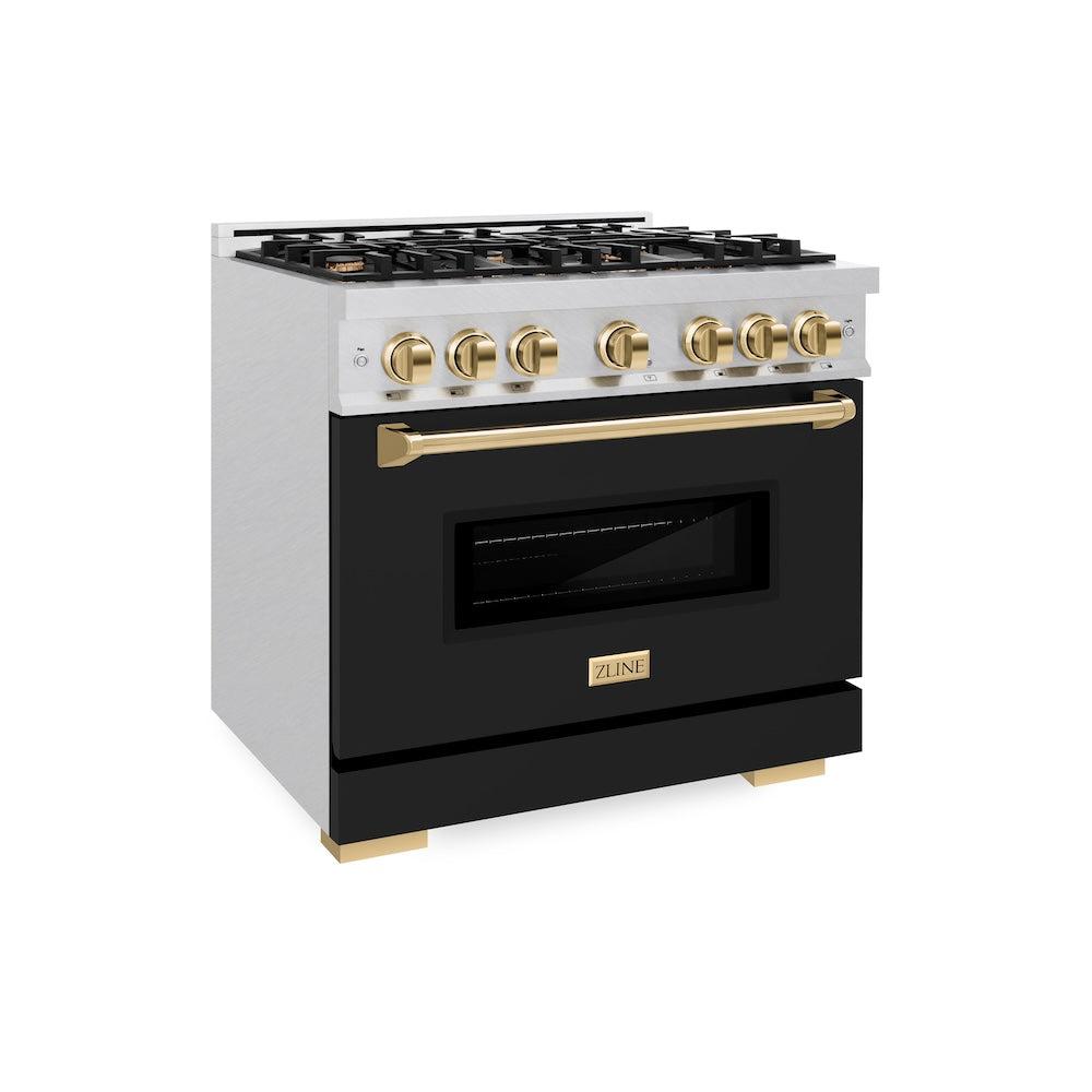 ZLINE Autograph Edition 36 in. 5.2 cu. ft. Classic Gas Range with 6 Burner Cooktop and Convection Gas Oven in DuraSnow' Stainless Steel with Black Matte Door and Polished Gold Accents (CGRSZ-BLM-36-G)