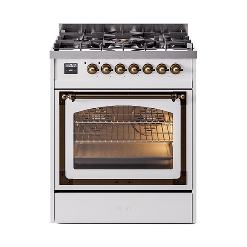ILVE UN30NMPWHBLP Nostalgie II Noblesse 30 inch Dual Fuel Range (Liquid Propane, Triple Glass Door, White, Burnished)