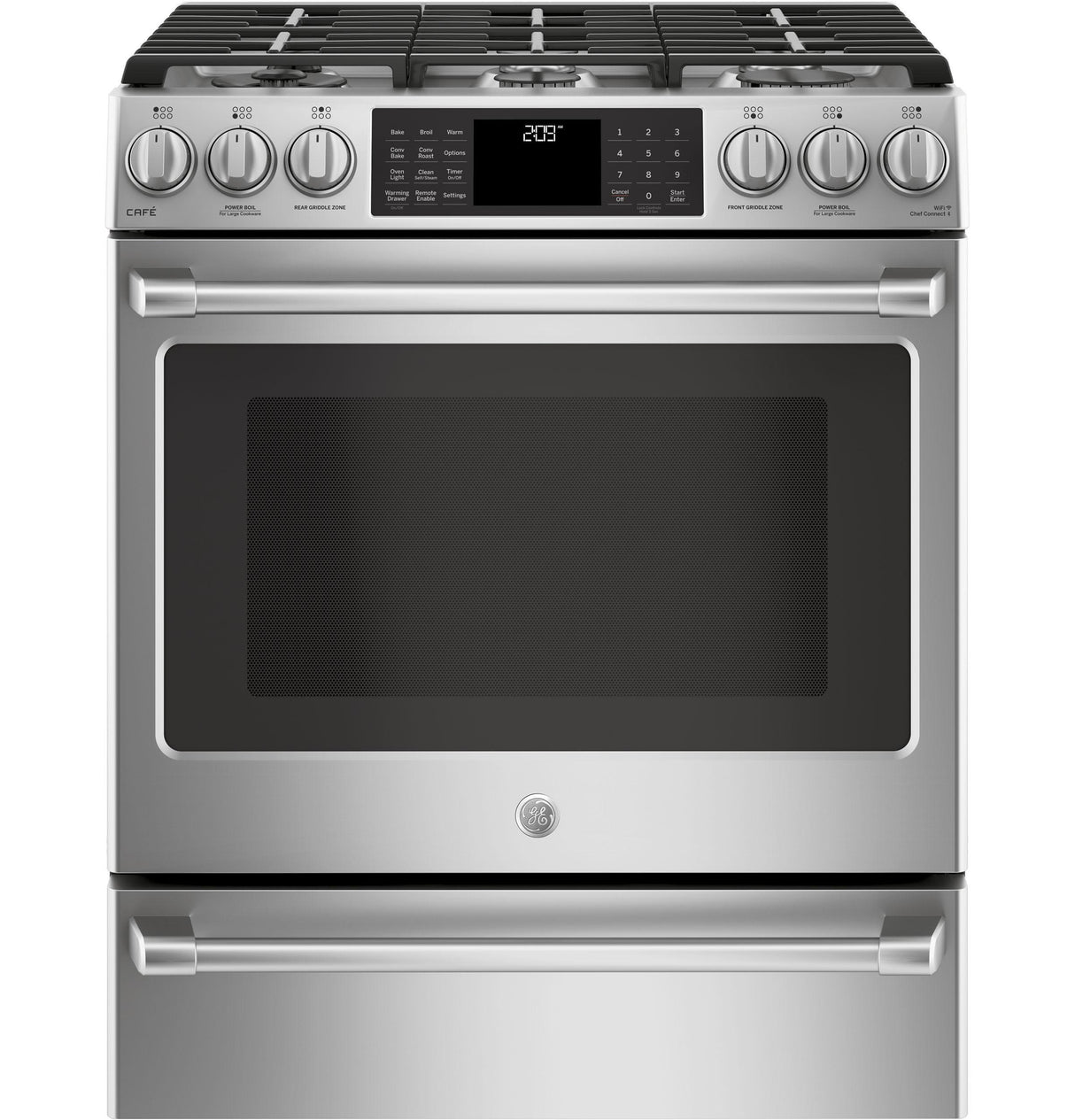 GE Cafe™ Series 30" Slide-In Front Control Dual-Fuel Range with Warming Drawer