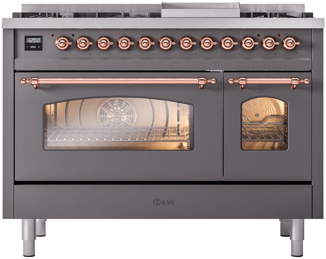 Nostalgie II 48 Inch Dual Fuel Natural Gas Freestanding Range in Matte Graphite with Copper Trim