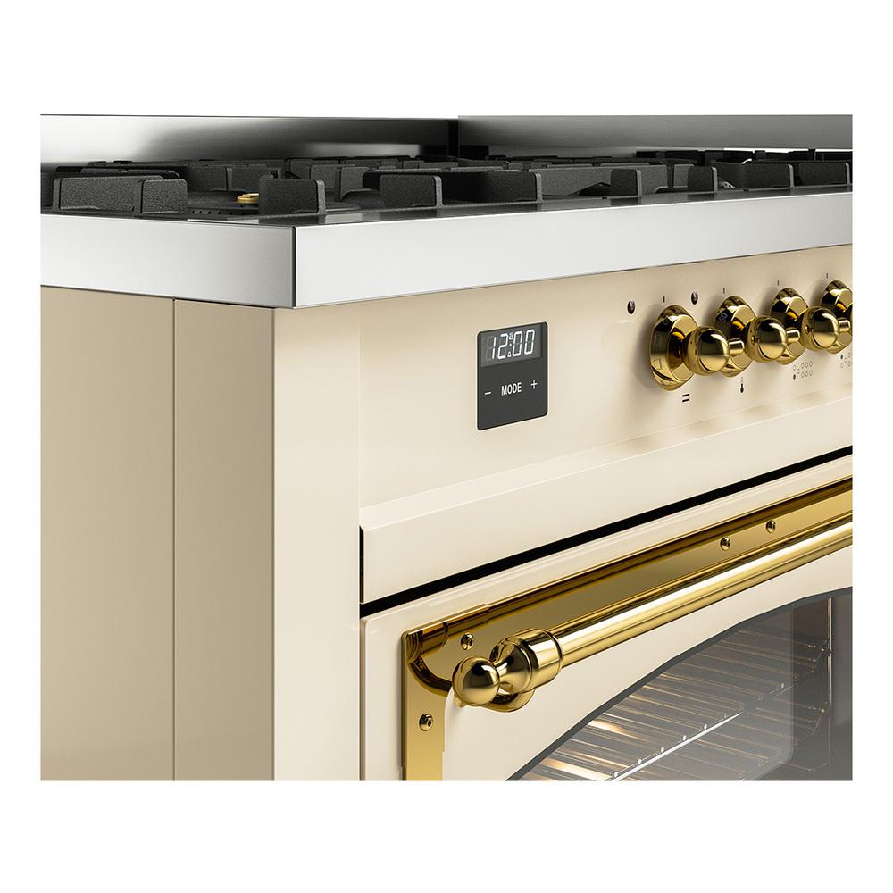ILVE UN60FNMPAWGLP Nostalgie II Noblesse 60 inch Dual Fuel Range (9 Sealed Burners + Griddle, Liquid Propane, Triple Glass Door, Antique White, Brass)
