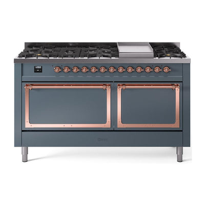 ILVE UN60FQNMPBGP Nostalgie II Noblesse 60 inch Dual Fuel Range (9 Sealed Burners + Griddle, Natural Gas, Solid Door, Blue Grey, Copper)