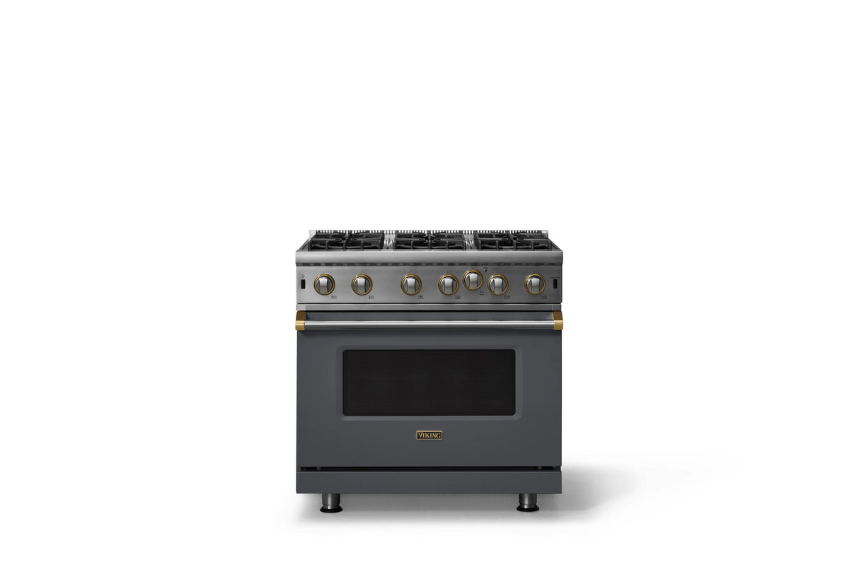 36"W. Open Burner Gas Range (Finish: Cast Black, Trim: Brushed Brass, Fuel: Propane)