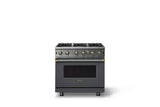 36"W. Open Burner Gas Range (Finish: Cast Black, Trim: Brushed Brass, Fuel: Propane)
