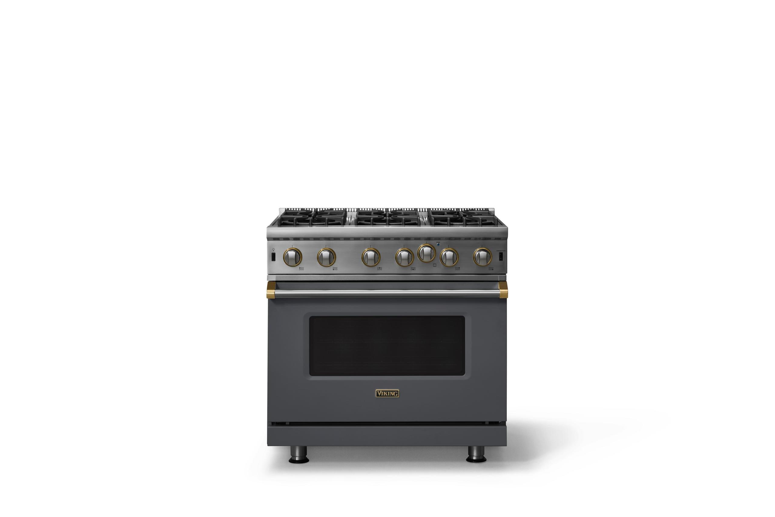 36"W. Open Burner Gas Range (Finish: Cast Black, Trim: Brushed Brass, Fuel: Propane)
