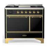 ILVE UMD40FQNR3BKGLP Majestic III 40 inch Dual Fuel Range with 6 Burners and Griddle, Dual Function Burner up to 25,000 BTU (Liquid Propane, Solid Door, Glossy Black, Brass)