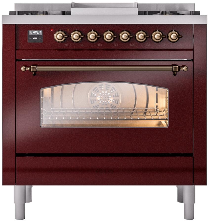 Nostalgie II 36 Inch Dual Fuel Natural Gas Freestanding Range in Burgundy with Bronze Trim