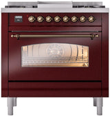 Nostalgie II 36 Inch Dual Fuel Natural Gas Freestanding Range in Burgundy with Bronze Trim