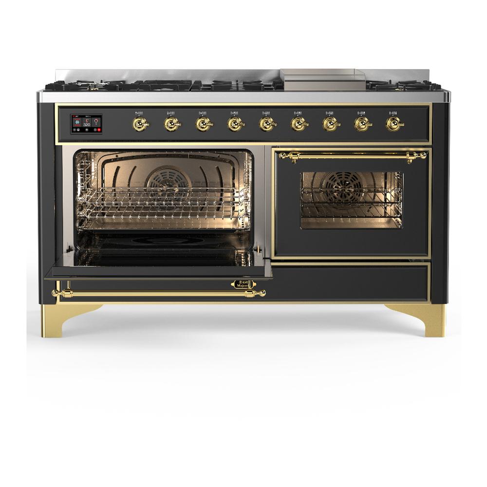 ILVE UM60FNR3MGG Majestic III 60 inch Dual Fuel Range with 9 Burners and Griddle, Dual Function Burner up to 25,000 BTU (Natural Gas, Triple Glass Door, Graphite Matte, Brass)