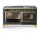 ILVE UM60FNR3MGG Majestic III 60 inch Dual Fuel Range with 9 Burners and Griddle, Dual Function Burner up to 25,000 BTU (Natural Gas, Triple Glass Door, Graphite Matte, Brass)