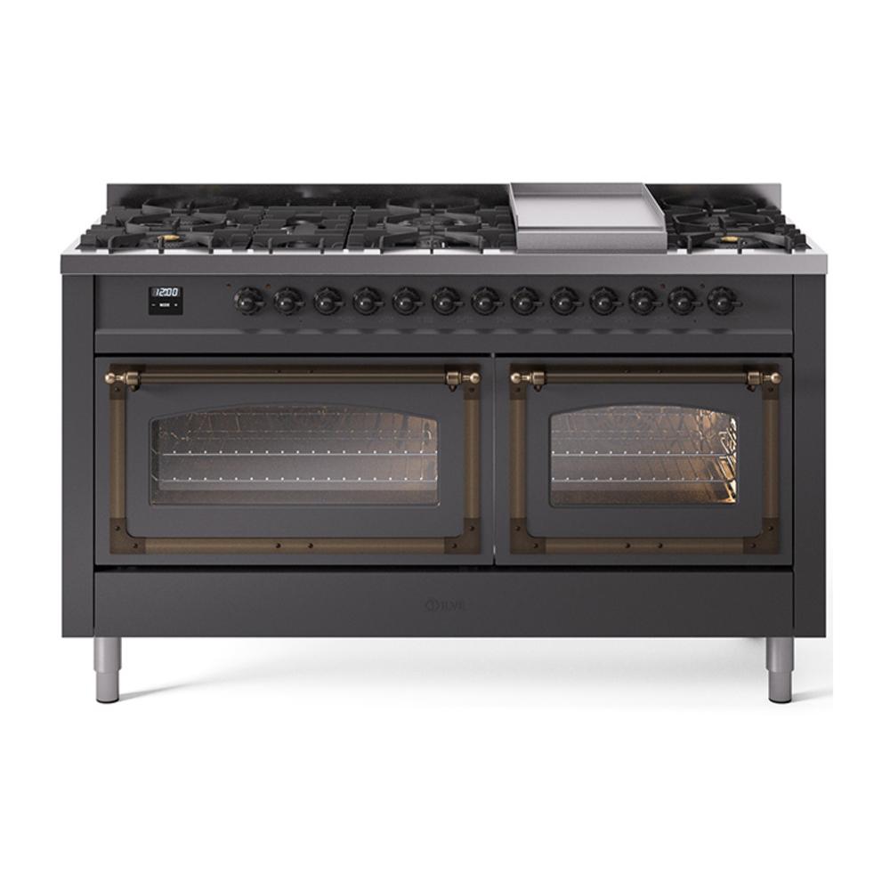 ILVE UN60FNMPMGBLP Nostalgie II Noblesse 60 inch Dual Fuel Range (9 Sealed Burners + Griddle, Liquid Propane, Triple Glass Door, Graphite Matte, Burnished)