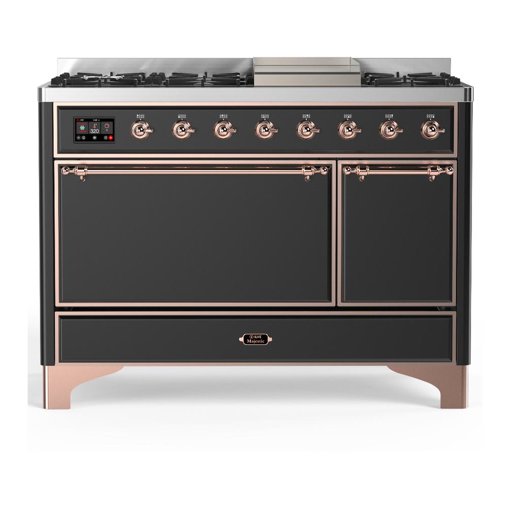 ILVE UM48FQNR3MGPLP Majestic III 48 inch Dual Fuel Range with 8 Burners and Griddle, Dual Function Burner up to 25,000 BTU (Liquid Propane, Solid Door, Graphite Matte, Copper)