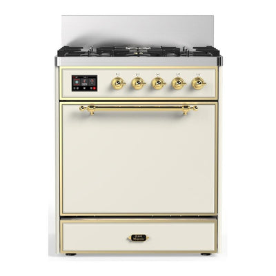 ILVE UM30QNR3AWGLP Majestic III 30 inch Dual Fuel Range with 5 Black Brass Burners, Dual Function Burner up to 25,000 BTU (Liquid Propane, Solid Door, Antique White, Brass)