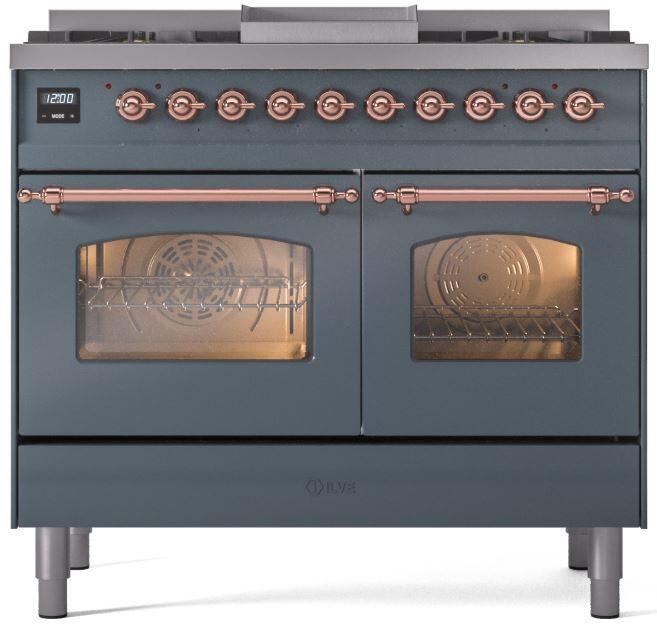 Nostalgie II 40 Inch Dual Fuel Liquid Propane Freestanding Range in Blue Grey with Copper Trim