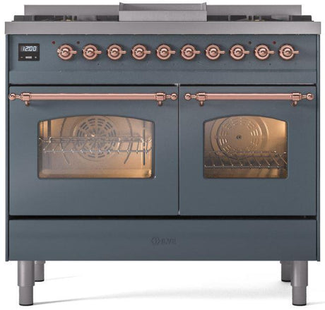 Nostalgie II 40 Inch Dual Fuel Liquid Propane Freestanding Range in Blue Grey with Copper Trim