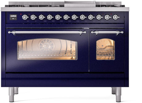Nostalgie II 48 Inch Dual Fuel Liquid Propane Freestanding Range in Blue with Chrome Trim