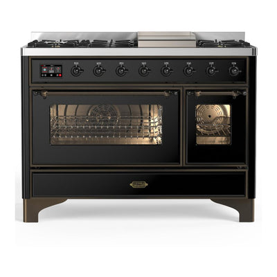 ILVE UM48FNR3BKBLP Majestic III 48 inch Dual Fuel Range with 8 Burners and Griddle, Dual Function Burner up to 25,000 BTU (Liquid Propane, Triple Glass Door, Glossy Black, Burnished)