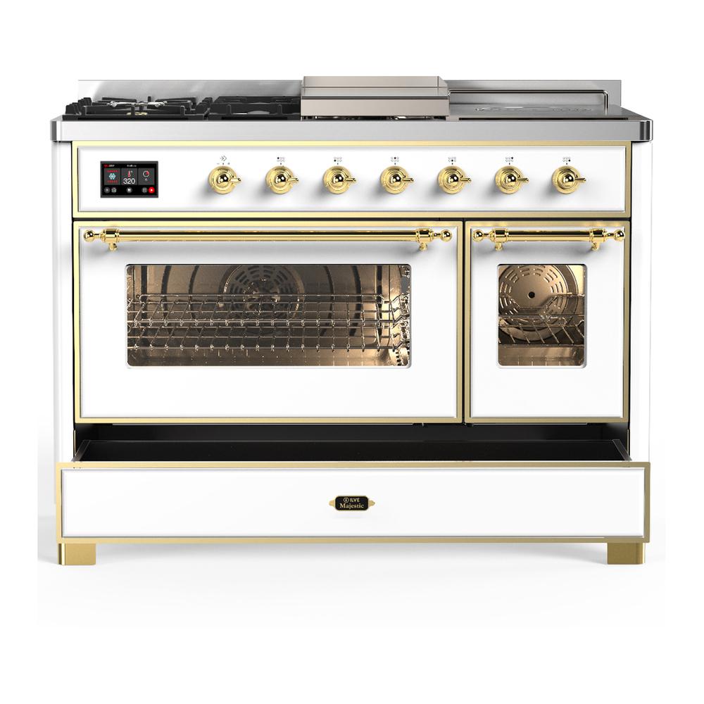 ILVE UM48FSNR3WHG Majestic III 48 inch Dual Fuel Range with 5 Black Brass Burners, Griddle and French Top, Dual Function Burner up to 25,000 BTU (Natural Gas, Triple Glass Door, White, Brass)