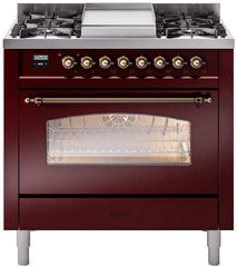 Nostalgie II 36 Inch Dual Fuel Natural Gas Freestanding Range in Burgundy with Bronze Trim