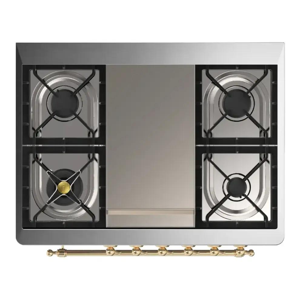 ILVE UM36FNR3RAGLP Majestic III 36 inch Dual Fuel Range with 6 Black Brass Burners and Griddle, Dual Function Burner up to 25,000 BTU (Triple Glass Door, RAL, Brass, Liquid Propane)