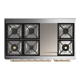 ILVE UM48FQNR3BKG Majestic III 48 inch Dual Fuel Range with 8 Burners and Griddle, Dual Function Burner up to 25,000 BTU (Natural Gas, Solid Door, Glossy Black, Brass)