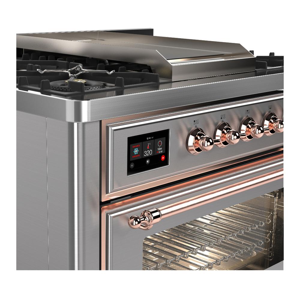 ILVE UM36FNR3SSPLP Majestic III 36 inch Dual Fuel Range with 6 Black Brass Burners and Griddle, Dual Function Burner up to 25,000 BTU (Triple Glass Door, Stainless Steel, Copper, Liquid Propane)