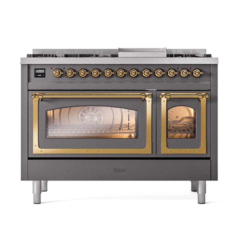 ILVE UN48FNMPMGG Nostalgie II Noblesse 48 inch Dual Fuel Range (8 Sealed Burners + Griddle, Natural Gas, Triple Glass Door, Graphite Matte, Brass)