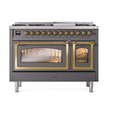 ILVE UN48FNMPMGG Nostalgie II Noblesse 48 inch Dual Fuel Range (8 Sealed Burners + Griddle, Natural Gas, Triple Glass Door, Graphite Matte, Brass)