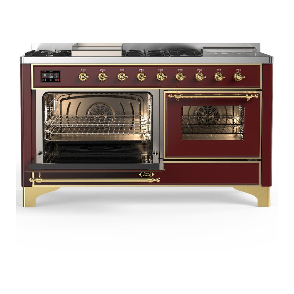 ILVE UM60FSNR3BUGLP Majestic III 60 inch Dual Fuel Range with 7 Burners, Griddle and French Top, Dual Function Burner with up to 25,000 BTU (Liquid Propane, Triple Glass Door, Burgundy, Brass)