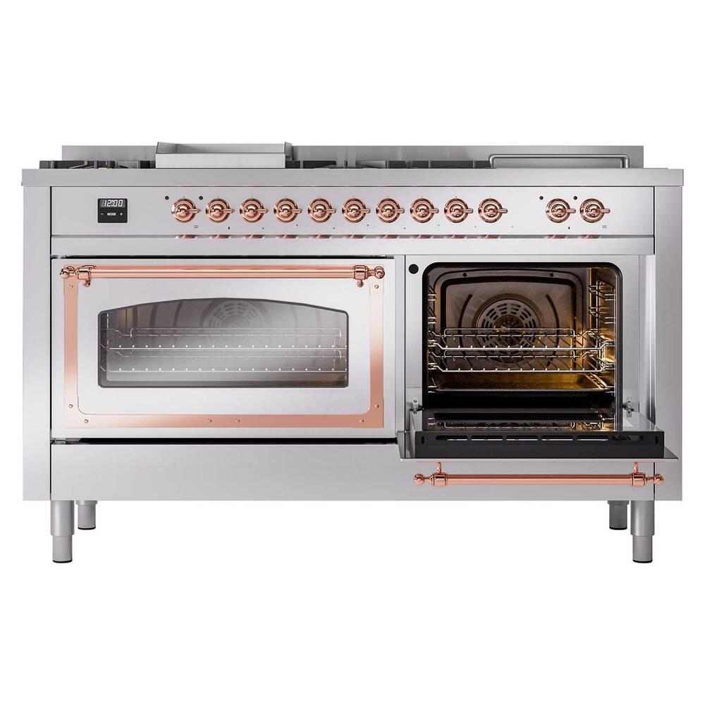 ILVE UN60FSNMPSSP Nostalgie II Noblesse 60 inch Dual Fuel Range (7 Sealed Burners + Griddle + French Top, Natural Gas, Triple Glass Door, Stainless Steel, Copper)