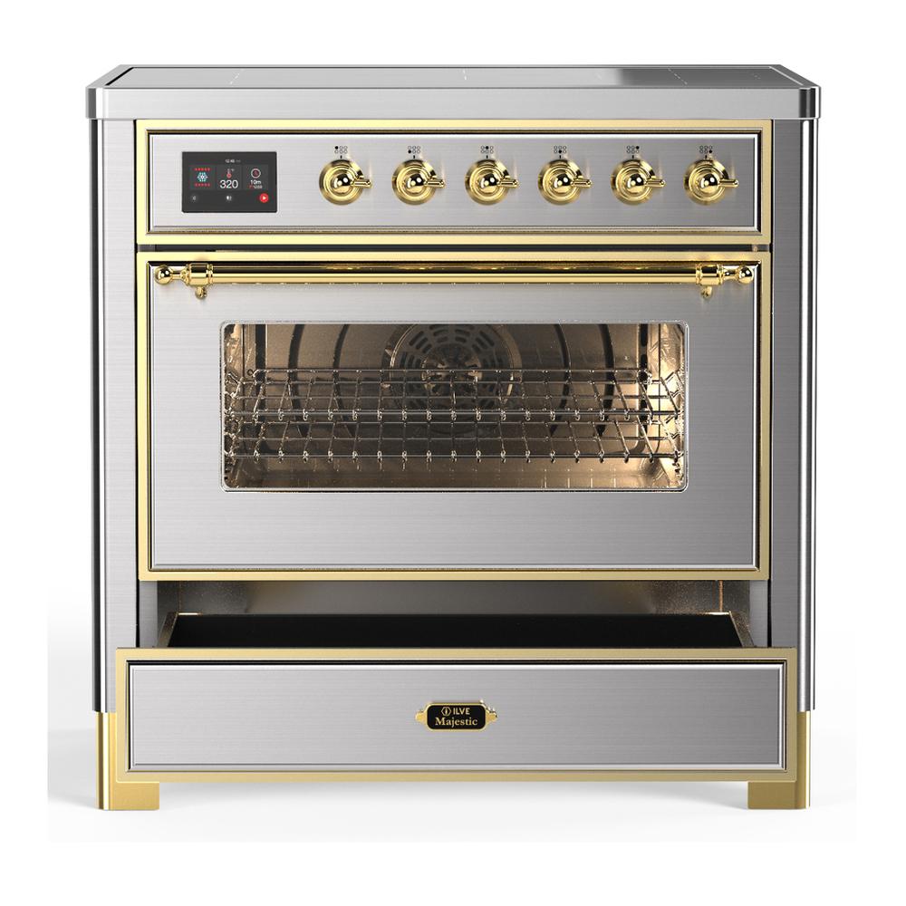 ILVE UMIB36NR3SSG Majestic III 36 inch Induction Range with 6 Elements, 3.5 cu. ft. Total Oven Capacity (Triple Glass Door, Stainless Steel, Brass)