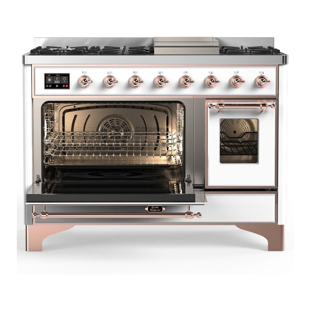 ILVE UM48FNR3WHPLP Majestic III 48 inch Dual Fuel Range with 8 Burners and Griddle, Dual Function Burner up to 25,000 BTU (Liquid Propane, Triple Glass Door, White, Copper)