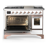 ILVE UM48FNR3WHPLP Majestic III 48 inch Dual Fuel Range with 8 Burners and Griddle, Dual Function Burner up to 25,000 BTU (Liquid Propane, Triple Glass Door, White, Copper)
