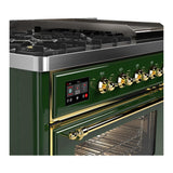 ILVE UM48FNR3EGG Majestic III 48 inch Dual Fuel Range with 8 Burners and Griddle, Dual Function Burner up to 25,000 BTU (Natural Gas, Triple Glass Door, Emerald Green, Brass)